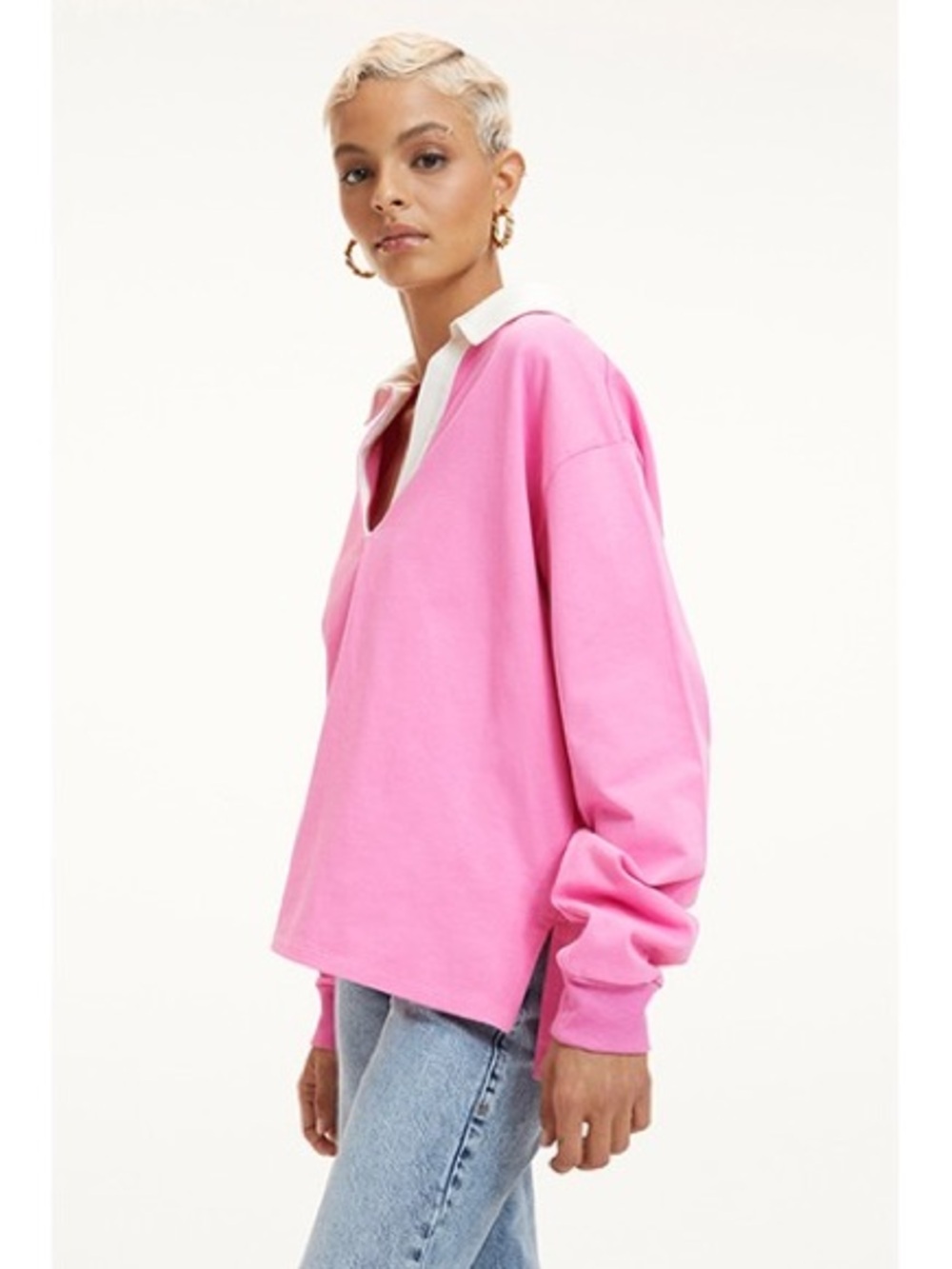 Good American Pink V-Neck Rugby Short with White Collar